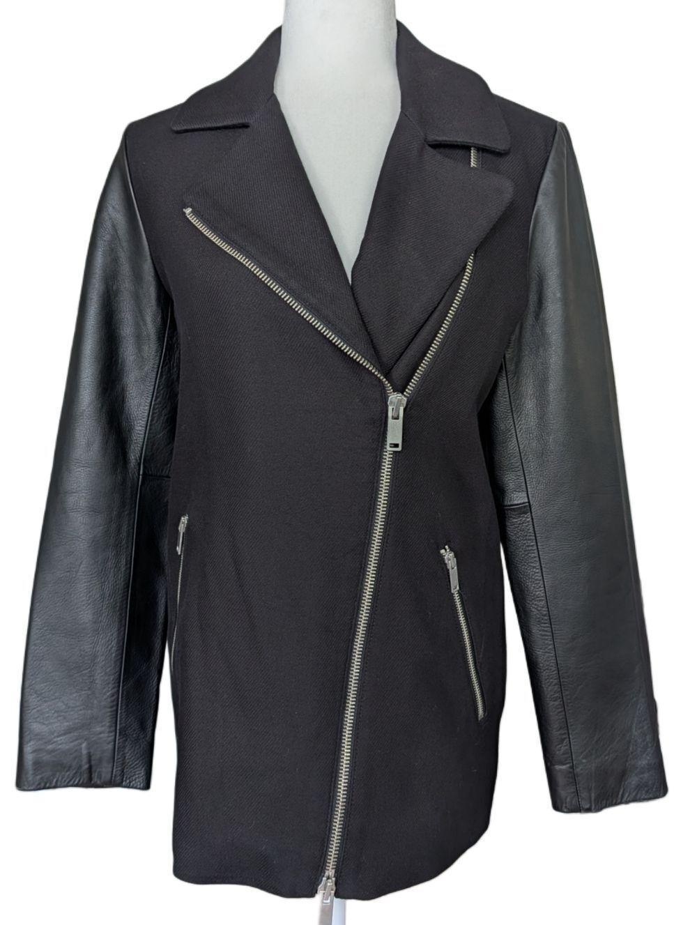 GAP Womens Black Asymmetric Mixed Media Cow Leather Sleeve Moto Jacket Medium